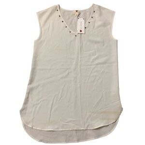 one clothing | Cream Sleeveless Top Stud Neck Collar Gold Flowy